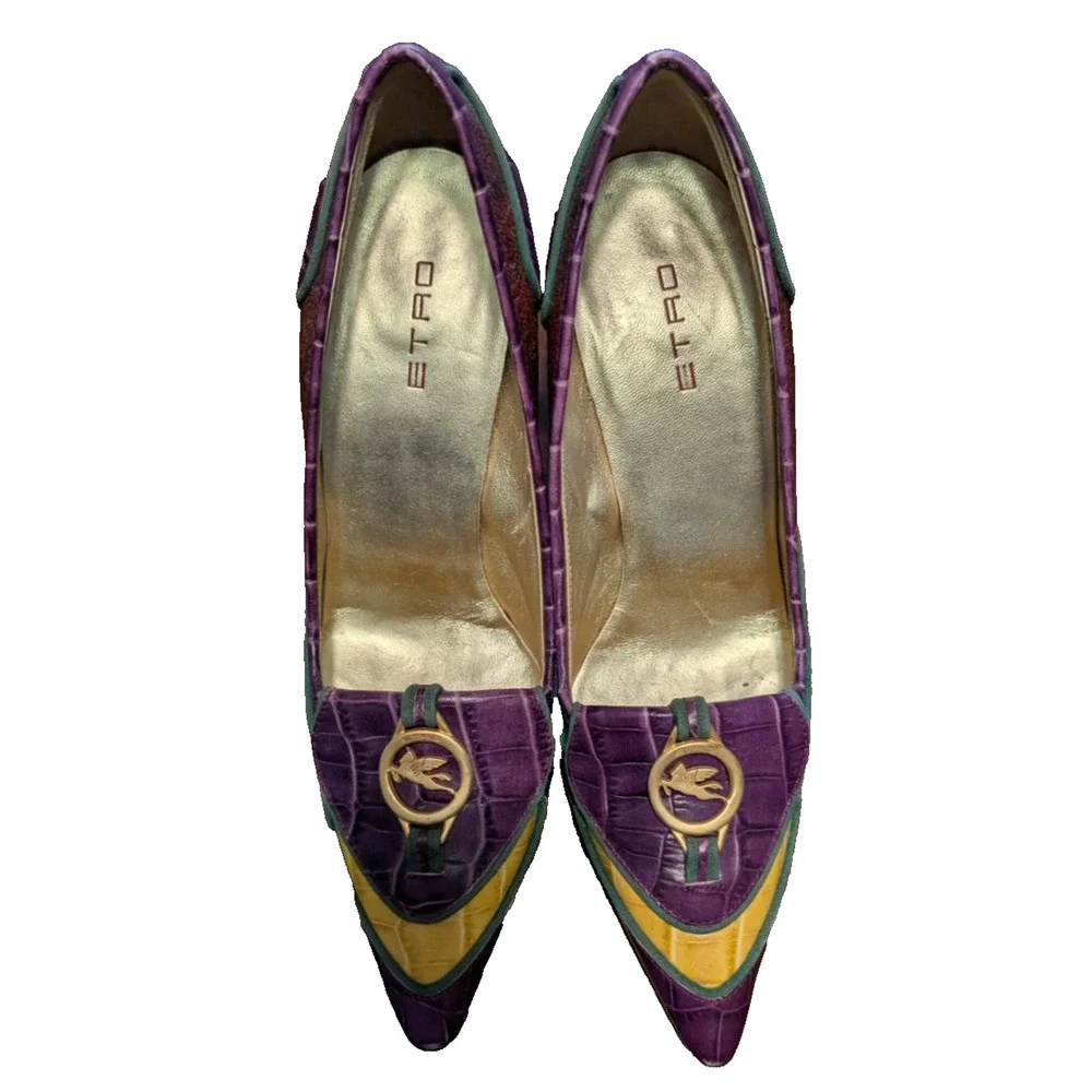 Etro Purple Leather‎ Logo Embossed Pointed Toe Pumps Heels Size 37 EUC